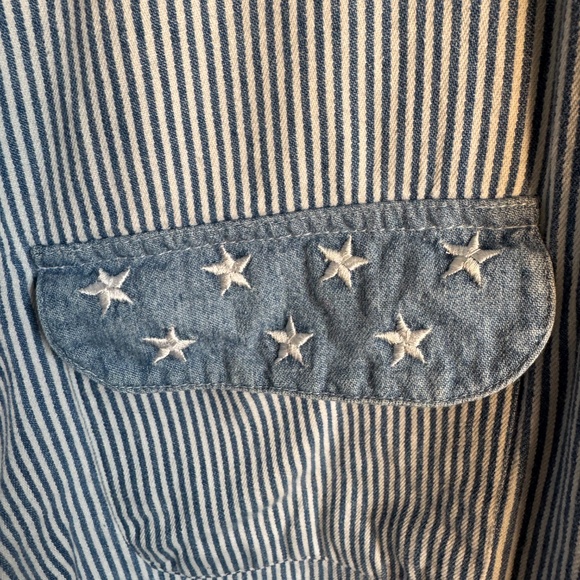 Vintage Lemon Grass Womens Striped Denim‎ Button Up Shirt Blue/White Large Train - Picture 4 of 15